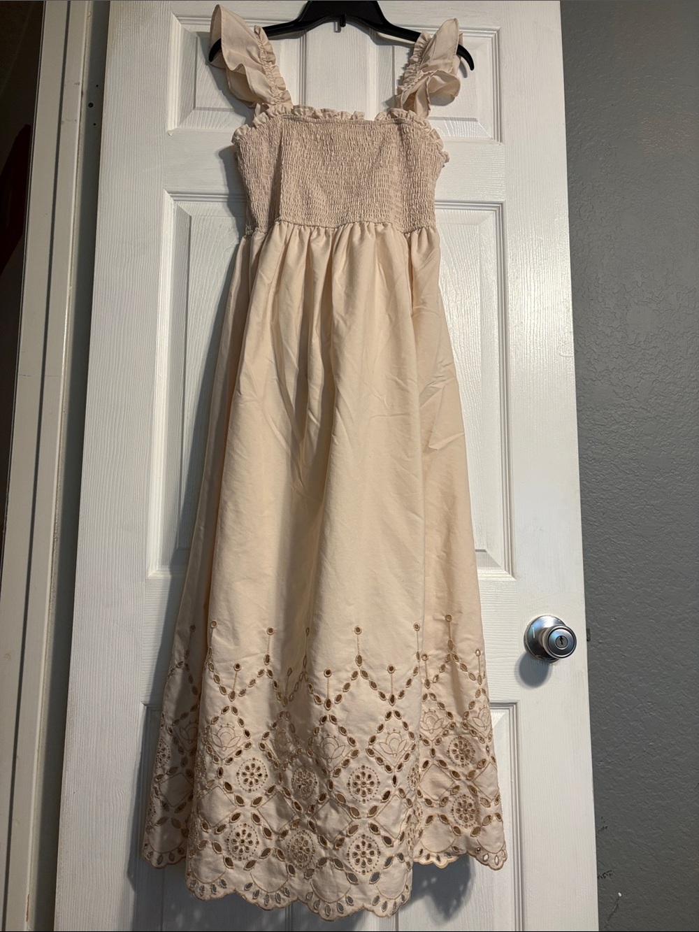Blu Pepper Cream Ruffle Strap Eyelet Maxi Dress